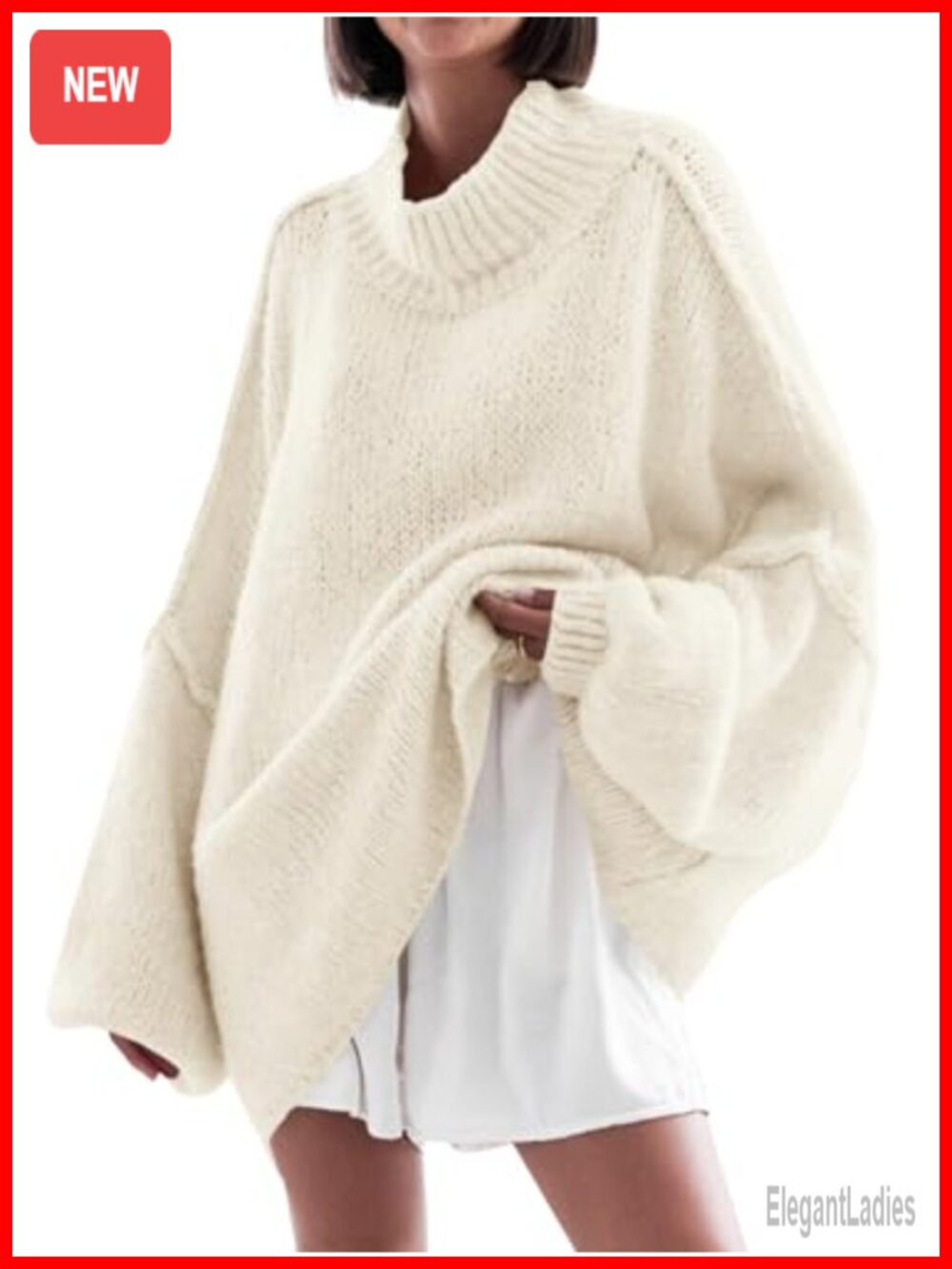 Oversized Mock Neck Tunic Sweater Ribbed Knit Batwing Long Sleeve Womens